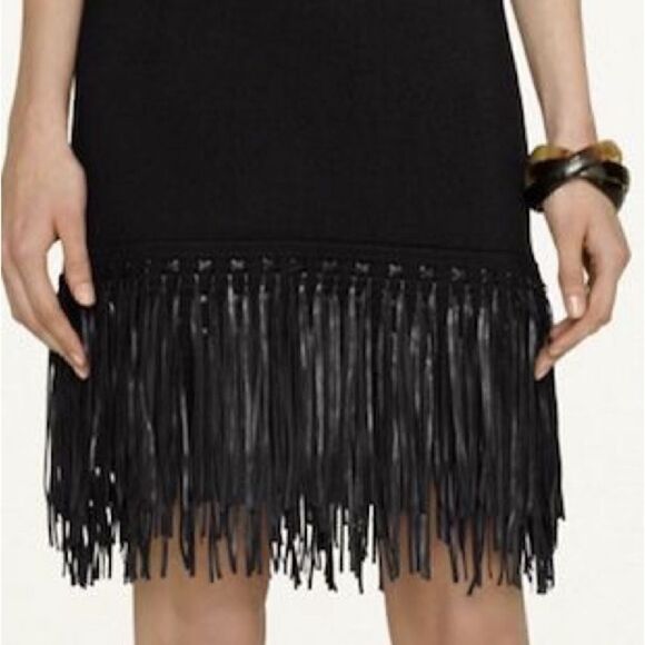Ralph Lauren Black Lamb Leather-Fringe Silk Knit Sheath Dress - Picture 4 of 16